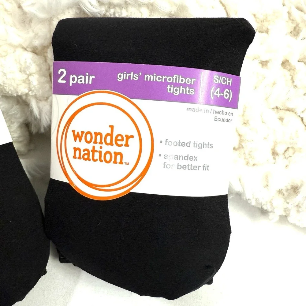 WONDER NATION‎ Girls Black Footed Tights Sz 4/6 Lightweight  Spandex Stretch 4ct